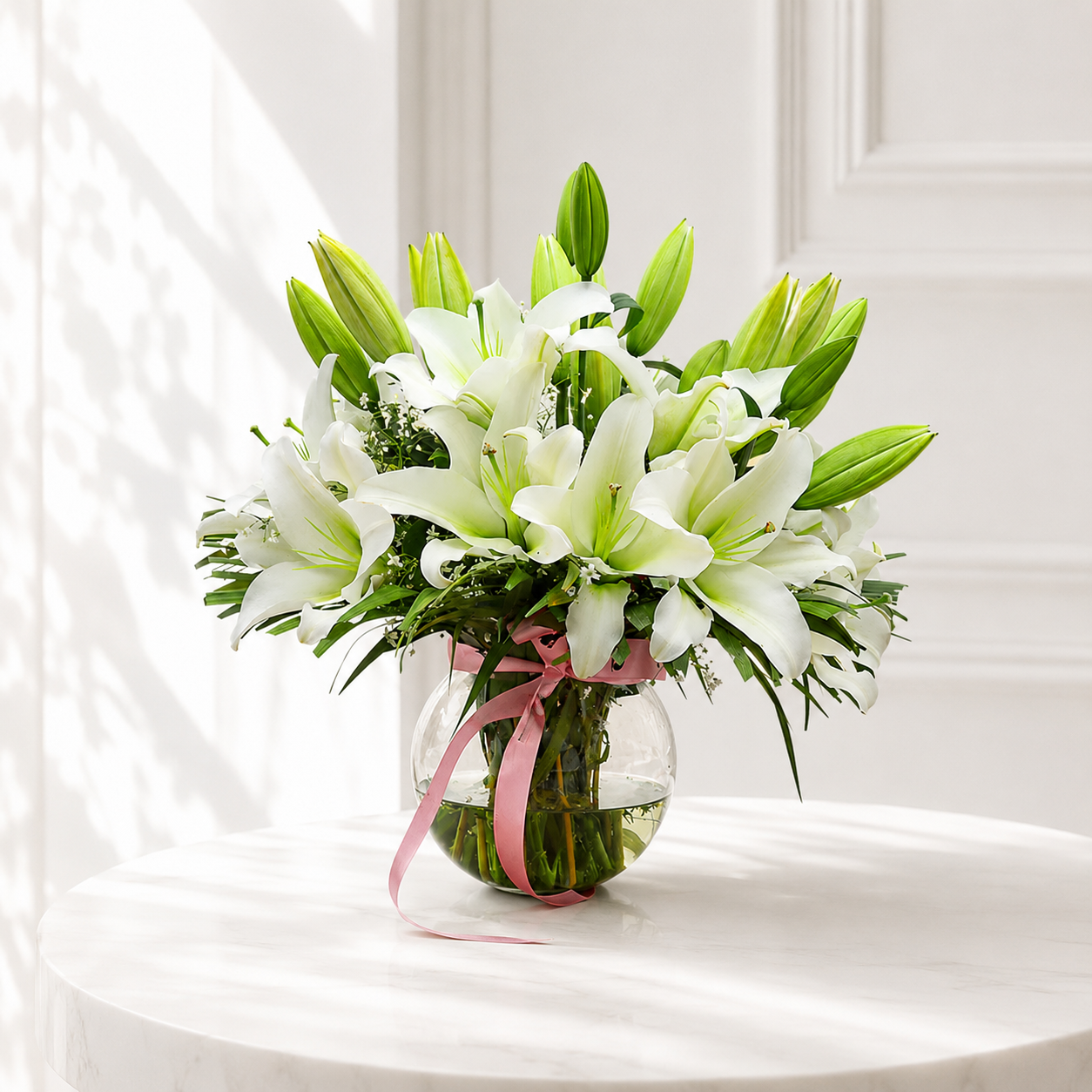 Elegant White Lily Bouquet  in Glass Vase