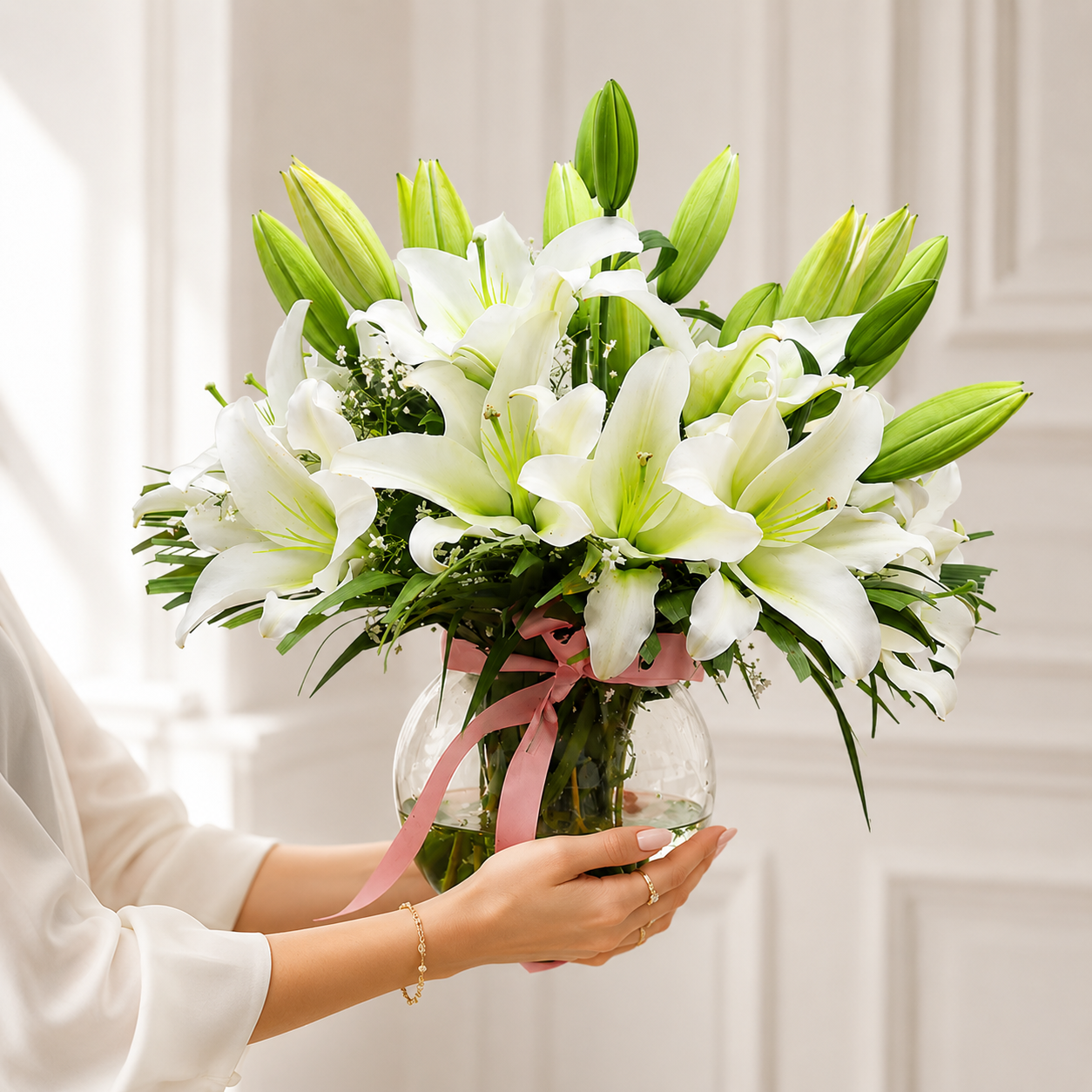 Elegant White Lily Bouquet  in Glass Vase