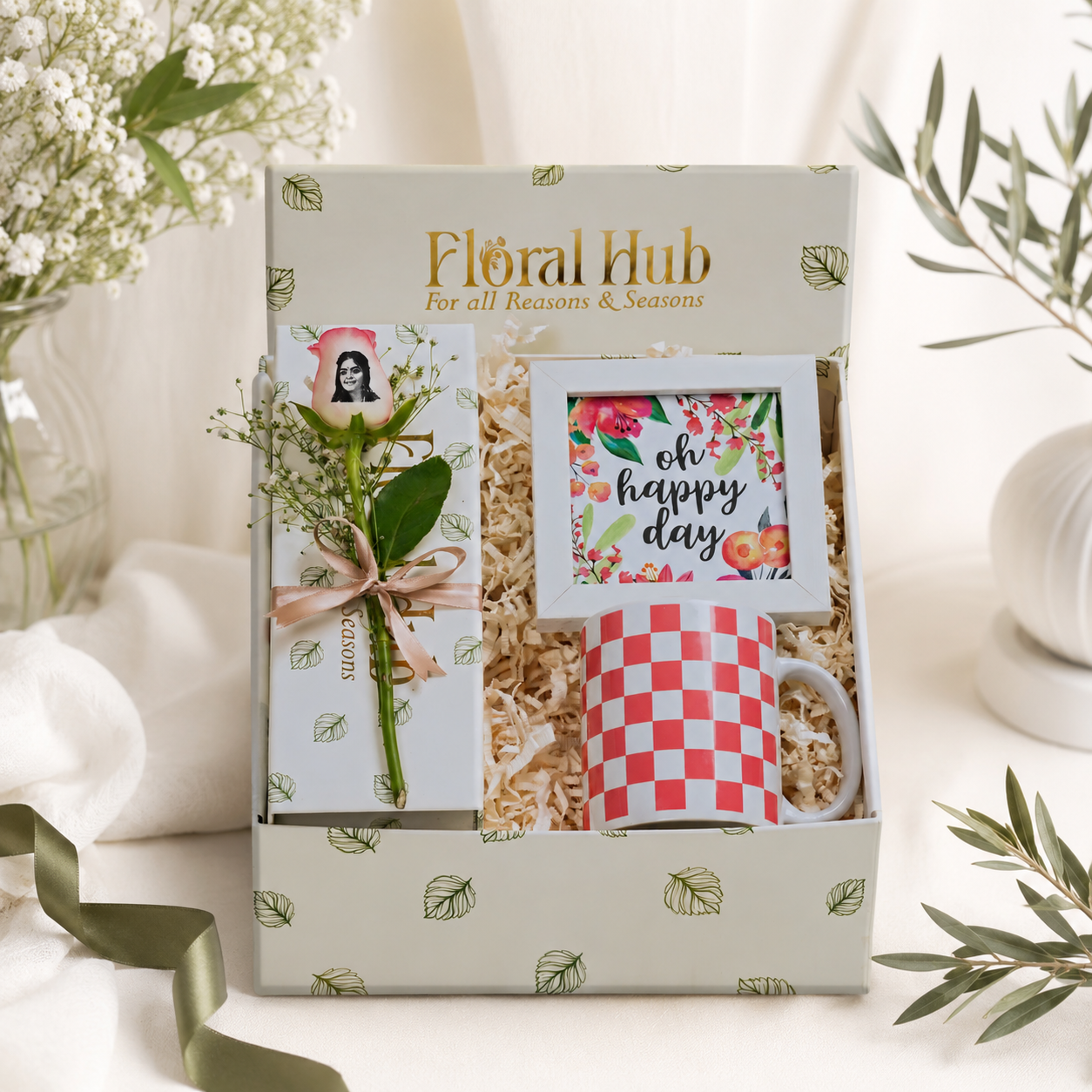 Cheerful Gift Ensemble: Picture Rose, Mug, and Framed Art