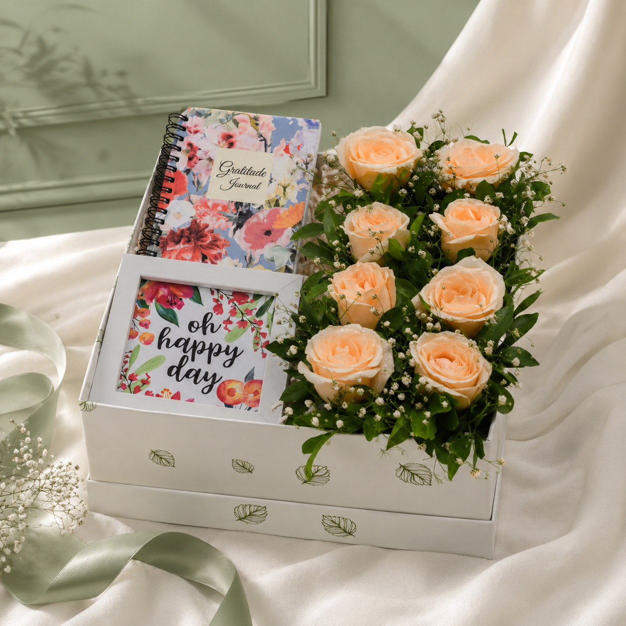 Instant Happiness Kit: Journal, 8 Peach Roses, Baby's Breath, Frame