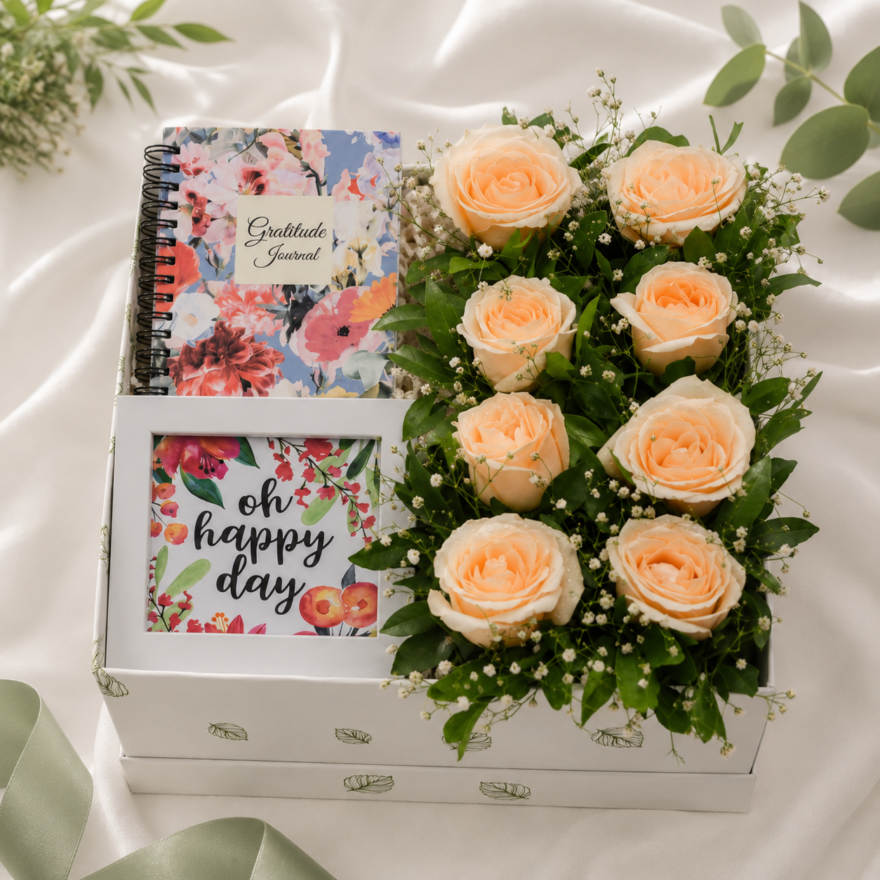 Instant Happiness Kit: Journal, 8 Peach Roses, Baby's Breath, Frame