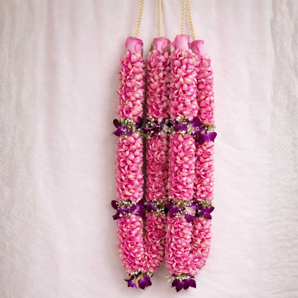 Pink Rose Petals garland with purple orchids