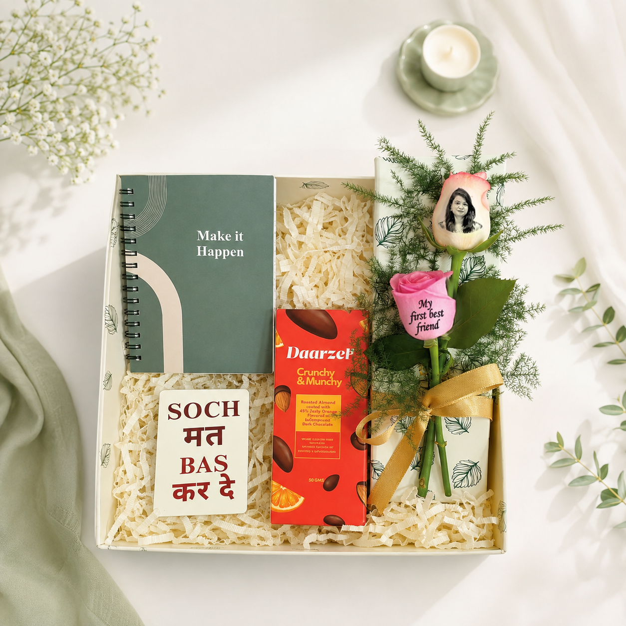 Gift Box with Photo Rose, Diary & Almonds for Sister