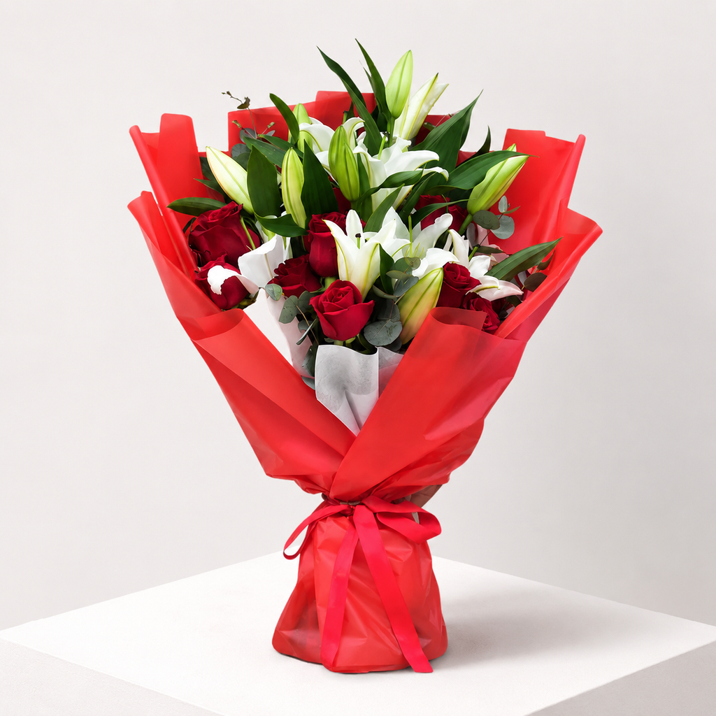 10 Red Roses & White Lilies for Romance