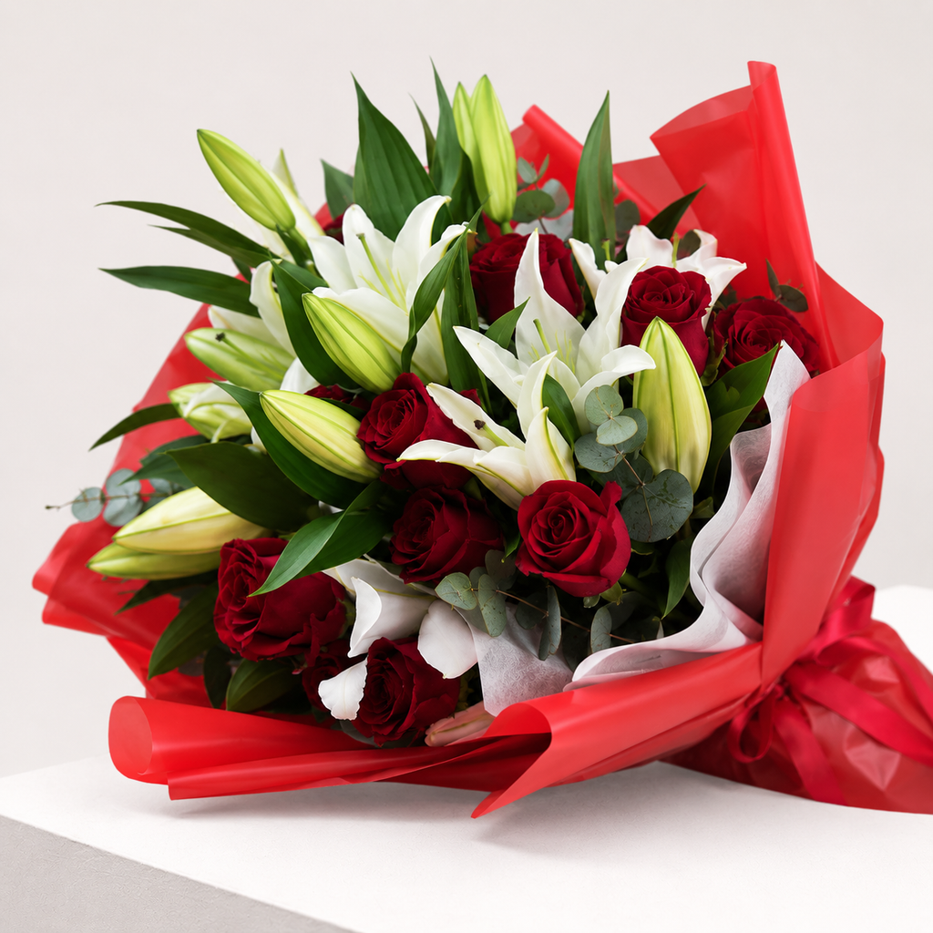 10 Red Roses & White Lilies for Romance