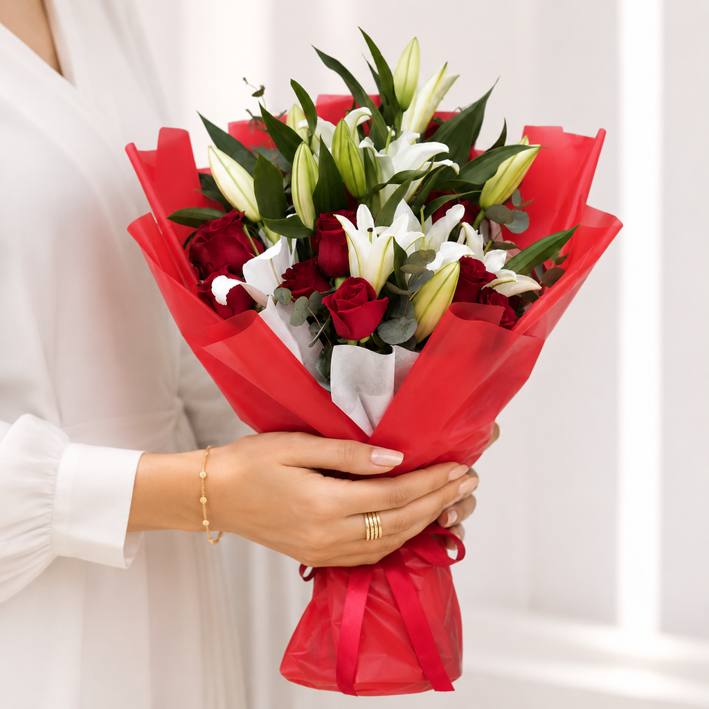 10 Red Roses & White Lilies for Romance
