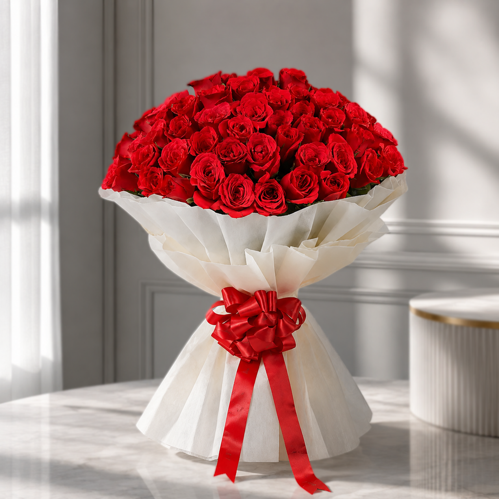 100 Blooming Red Roses Wrapped in White