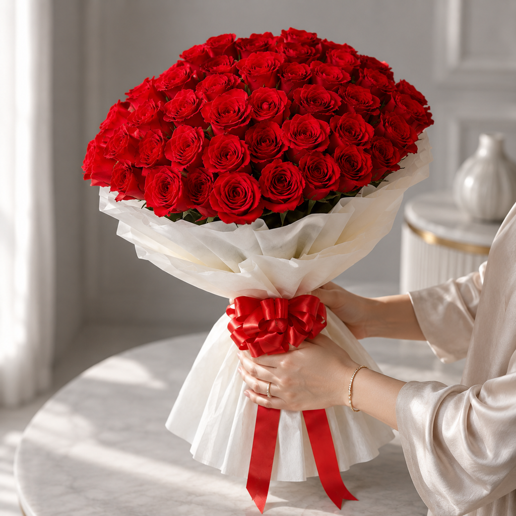 100 Blooming Red Roses Wrapped in White