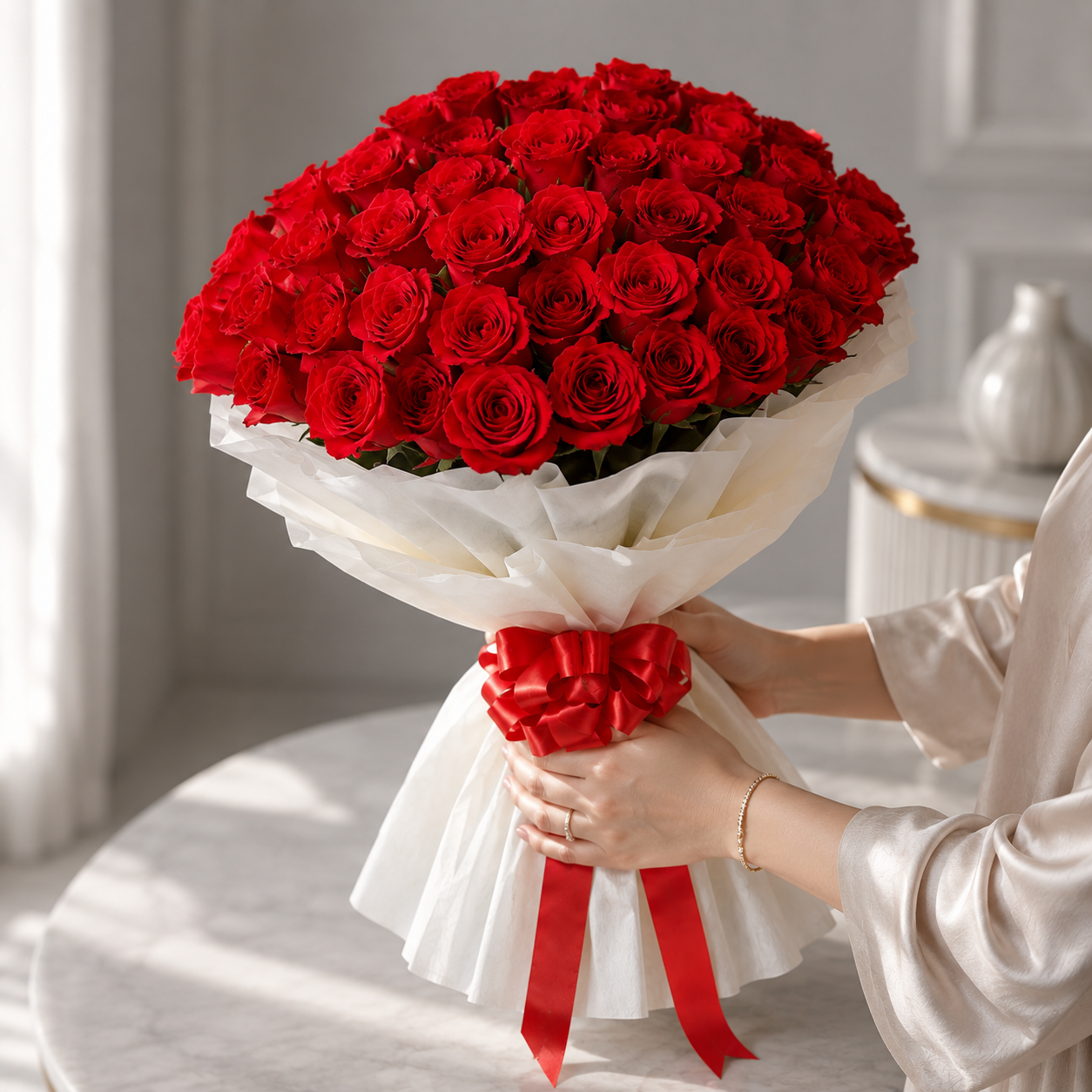100 Blooming Red Roses Wrapped in White