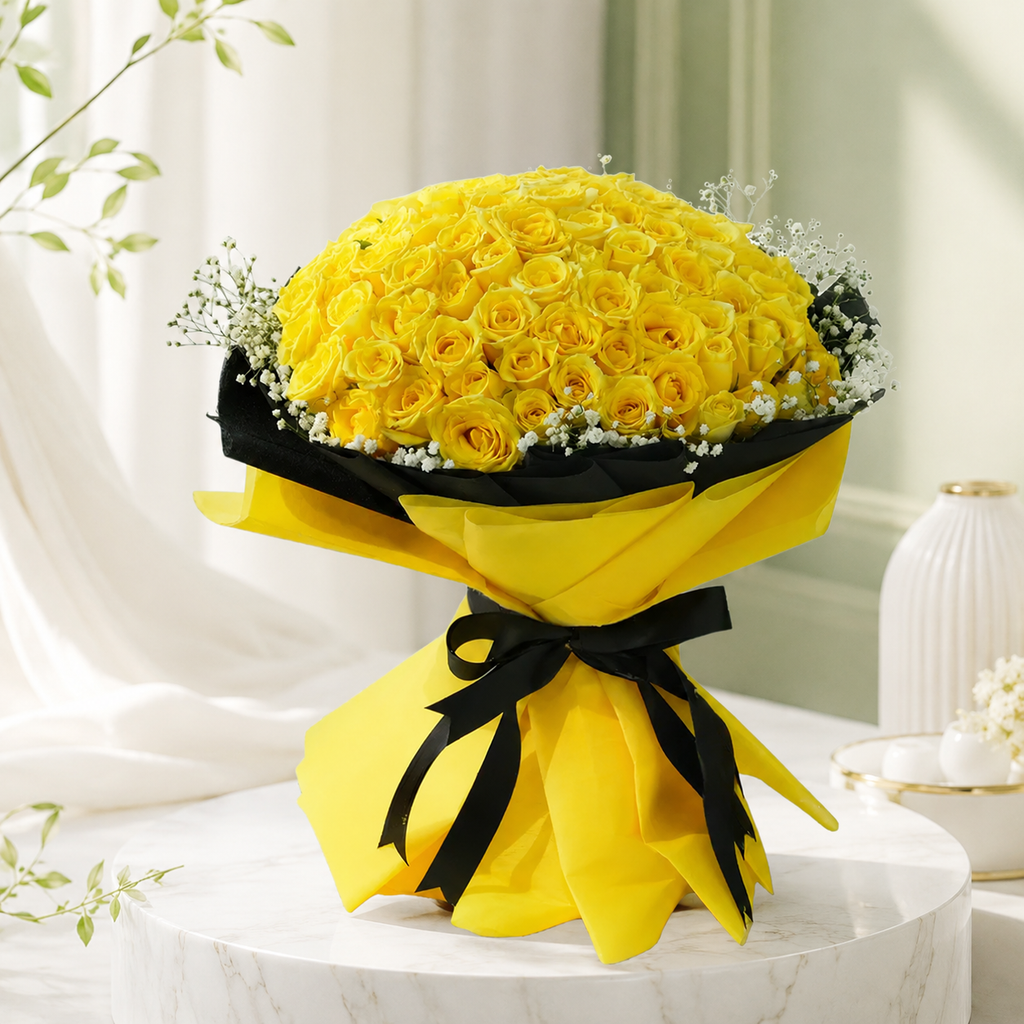100 Yellow Roses Bouquet with Baby's Breath