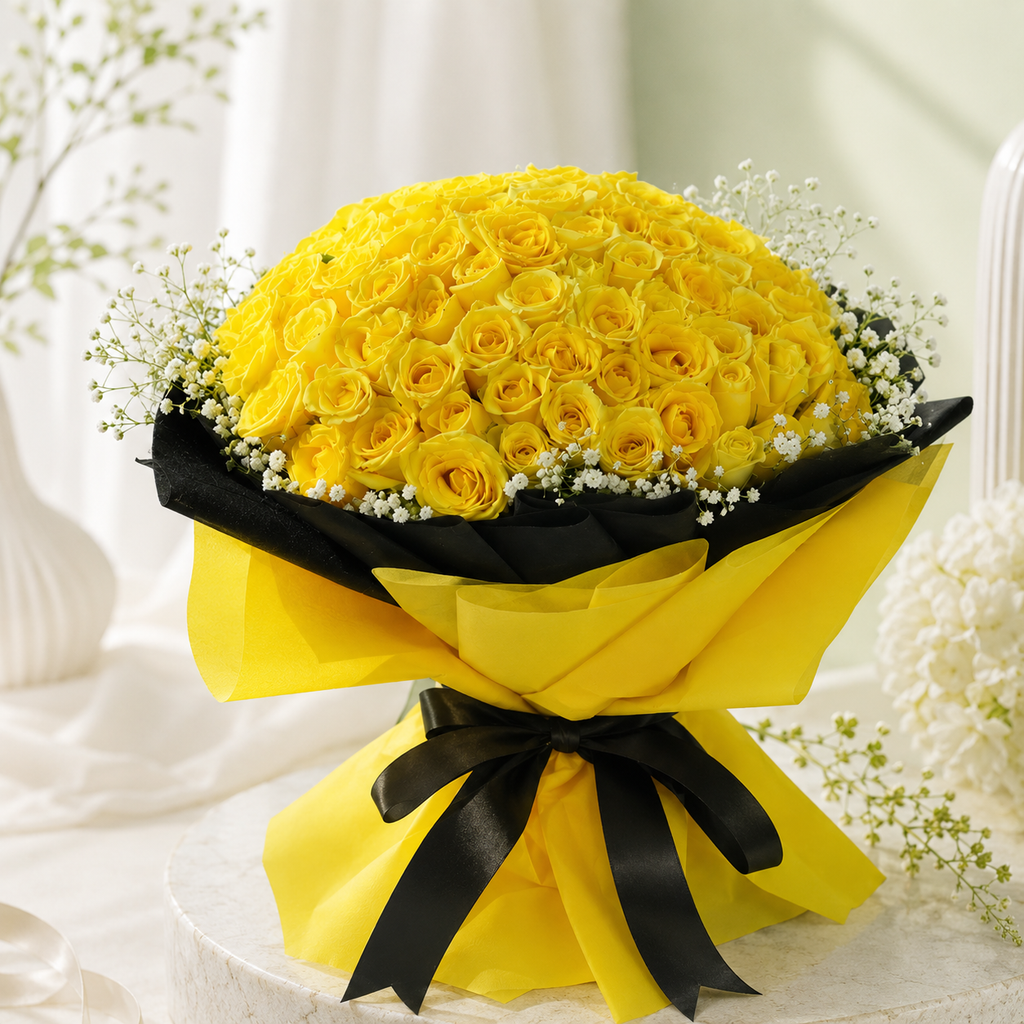 100 Yellow Roses Bouquet with Baby's Breath