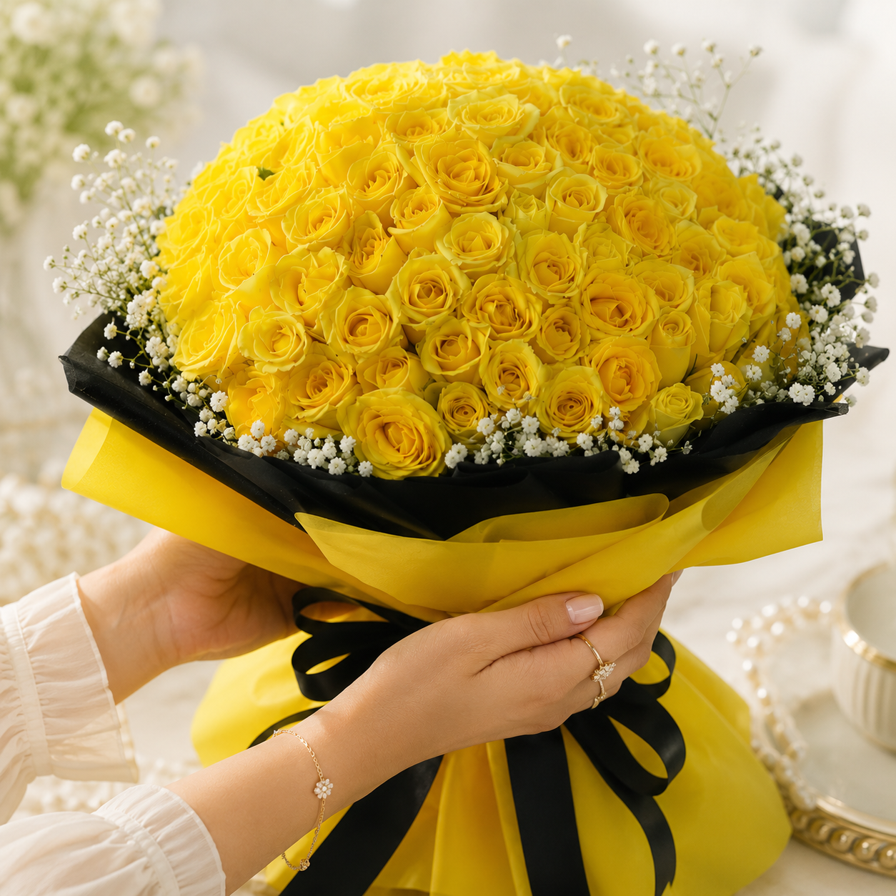 100 Yellow Roses Bouquet with Baby's Breath