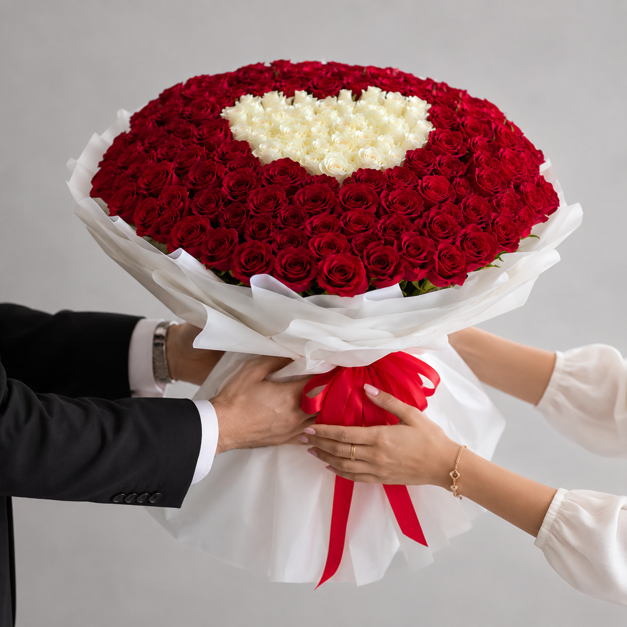 Circle of Romance: 100 Red & 100 White Roses
