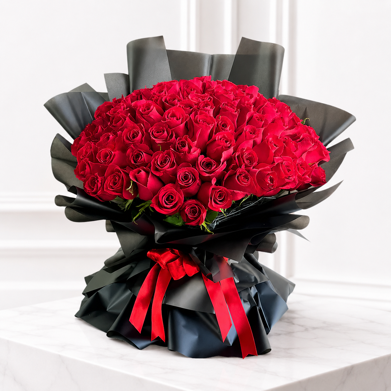 Luxury 101 Red Roses in Black Wrap