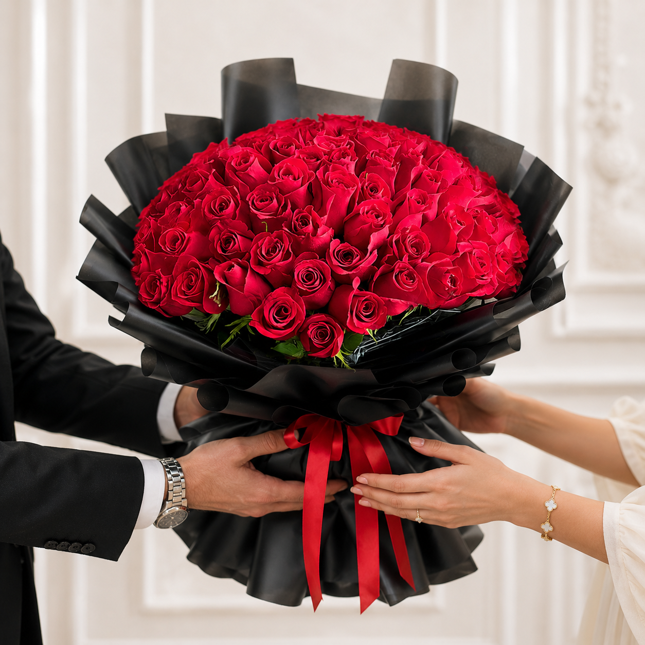 Luxury 101 Red Roses in Black Wrap