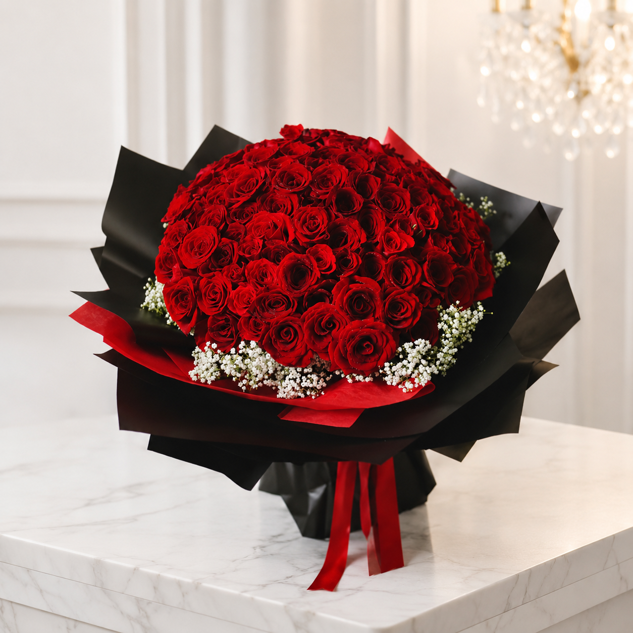 Crafted with 108 Exquisite Deluxe Red Roses for Her