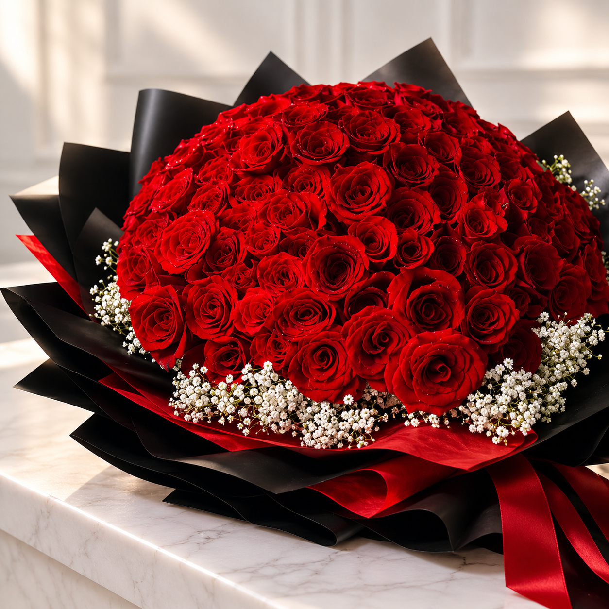 Crafted with 108 Exquisite Deluxe Red Roses for Her