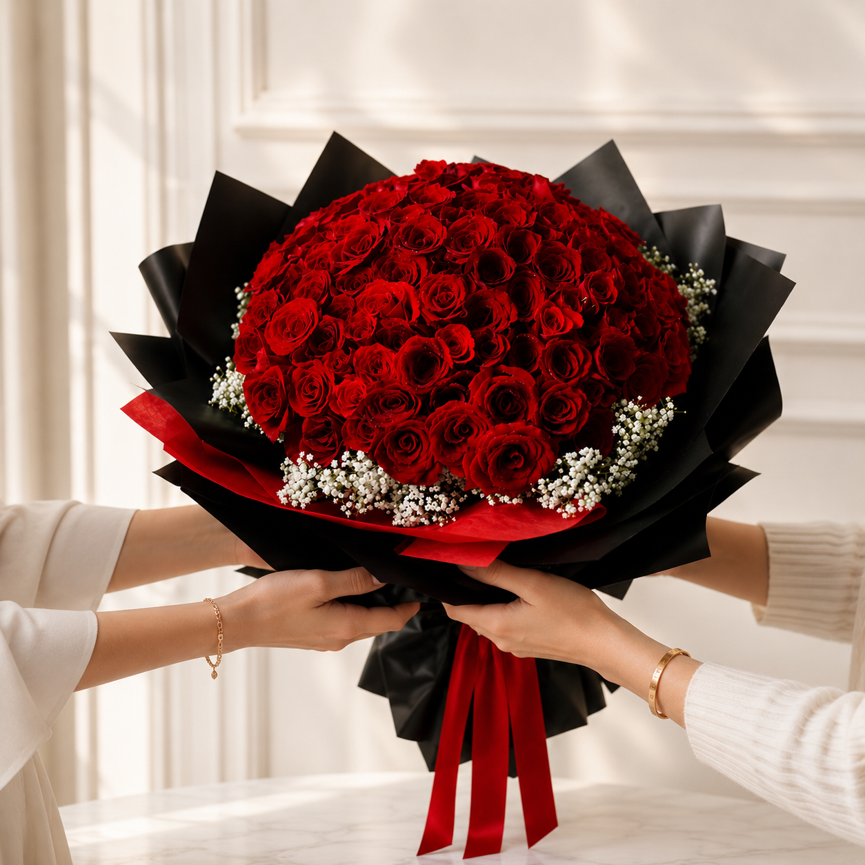 Crafted with 108 Exquisite Deluxe Red Roses for Her