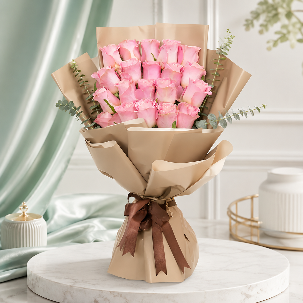 20 Pink Roses with Green Fillers