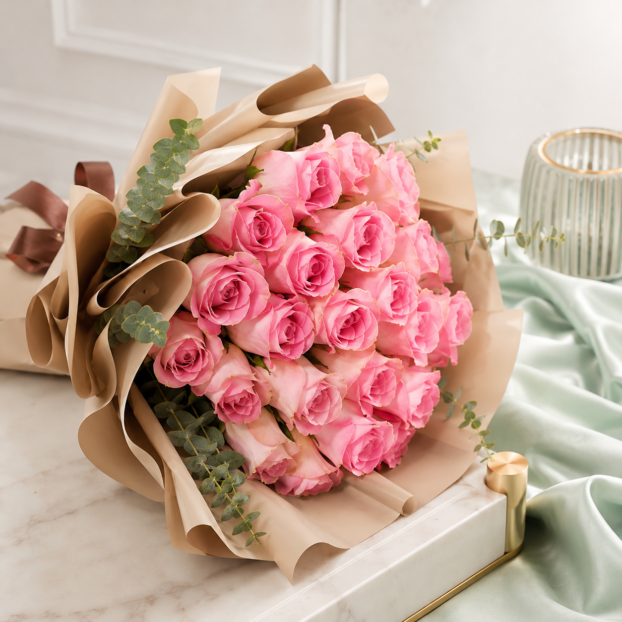 20 Pink Roses with Green Fillers