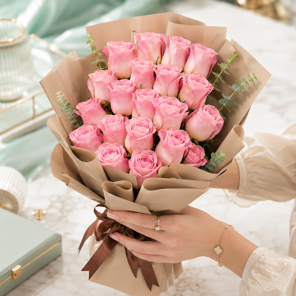 20 Pink Roses with Green Fillers