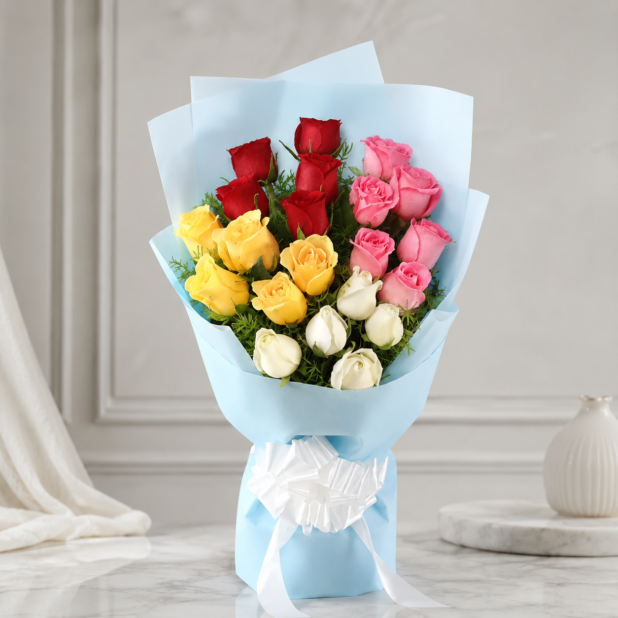 21 Roses of Pink, Yellow, Red & White