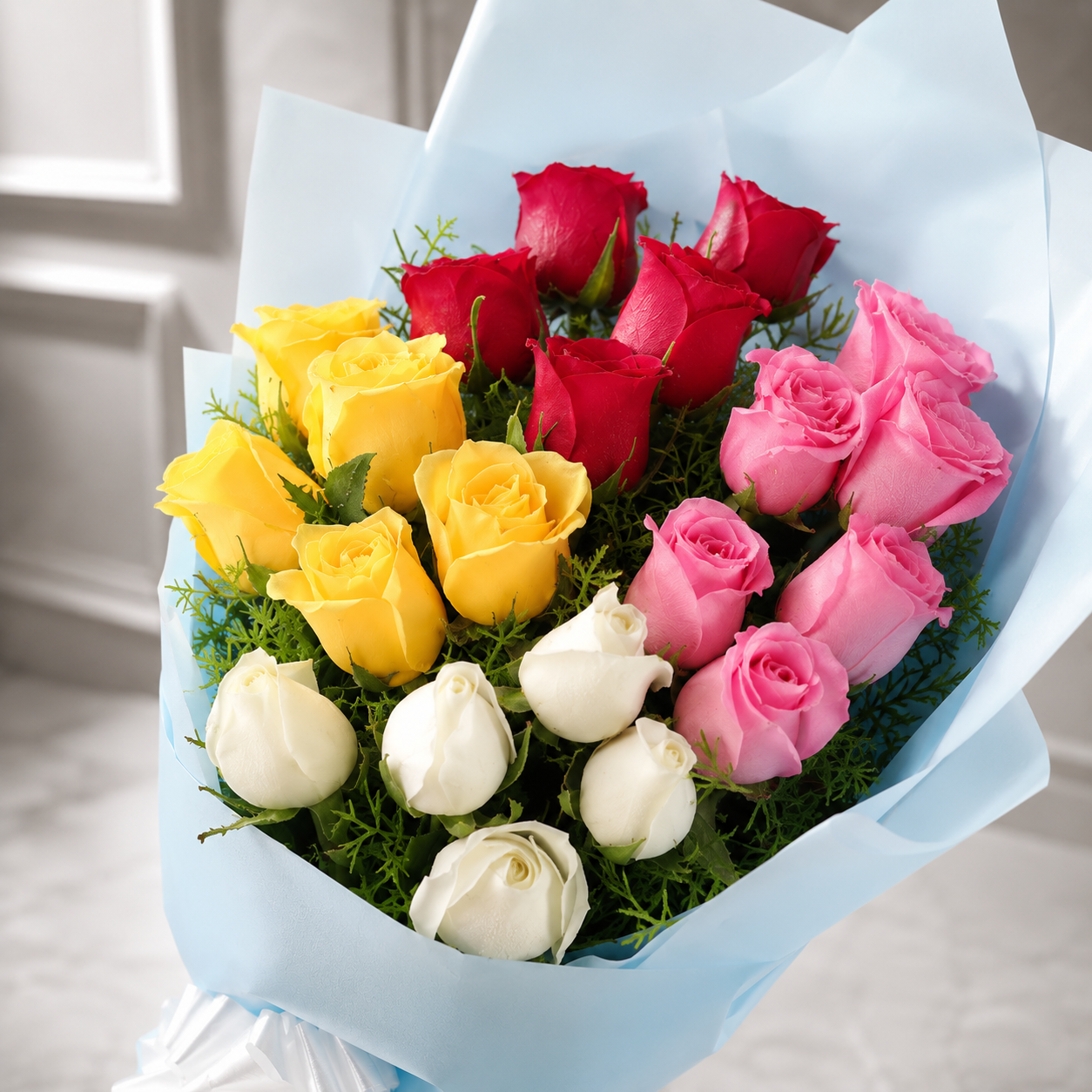 21 Roses of Pink, Yellow, Red & White