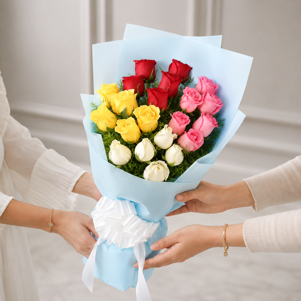 21 Roses of Pink, Yellow, Red & White