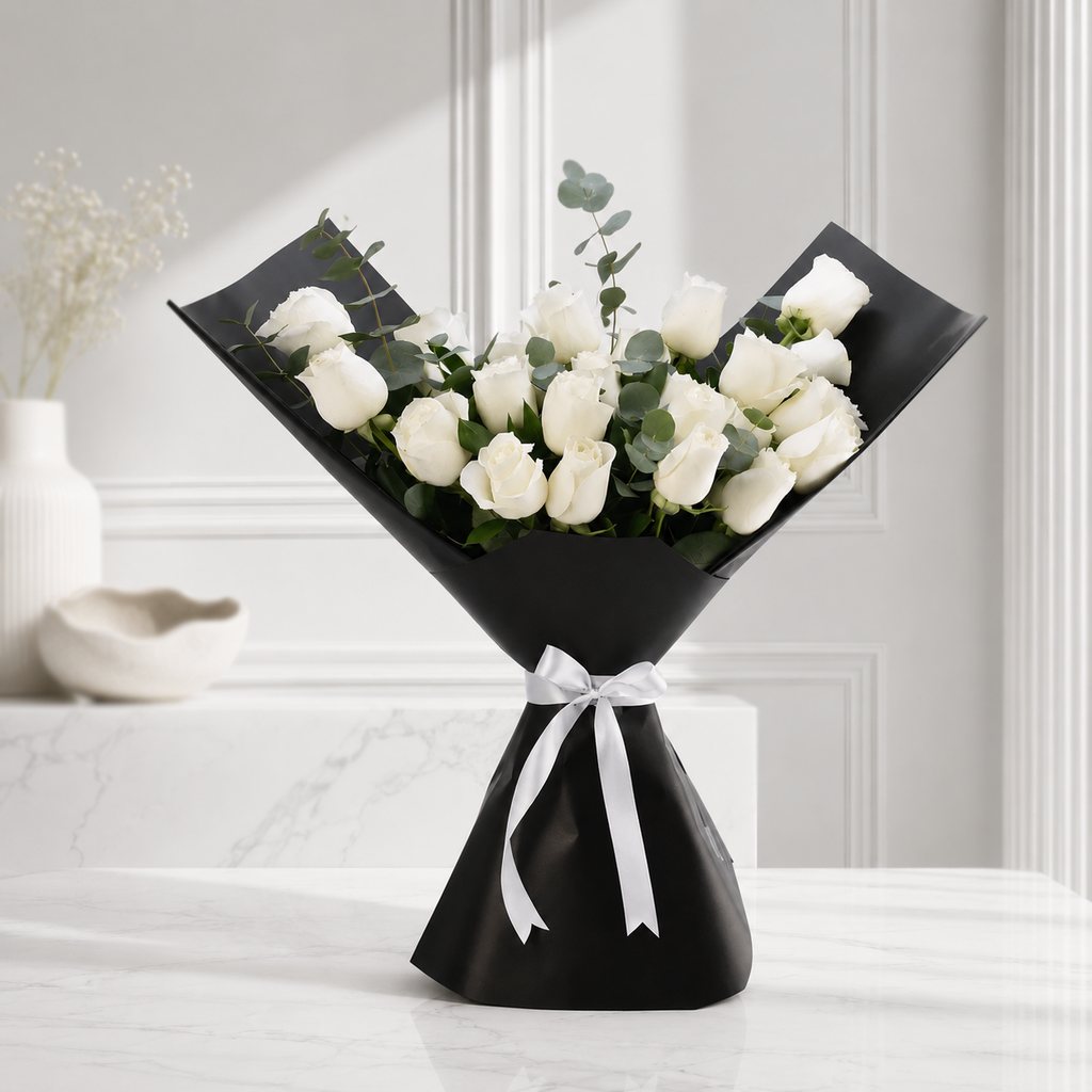 24 White Roses in Sophisticated Black Paper