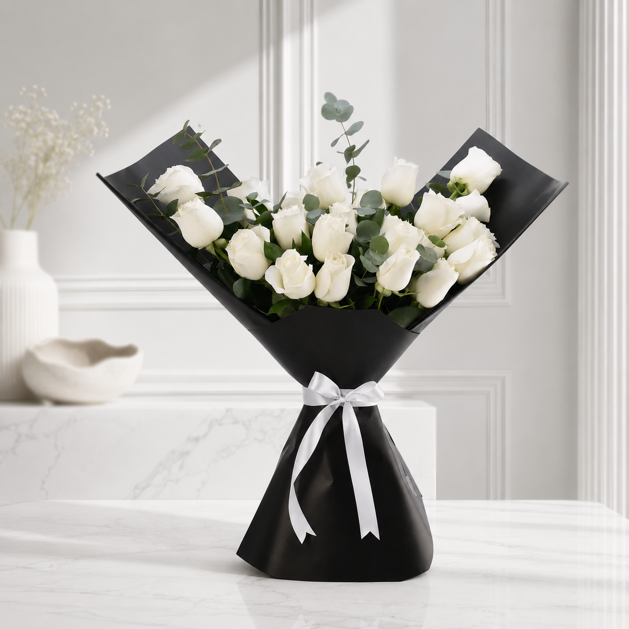 24 White Roses in Sophisticated Black Paper