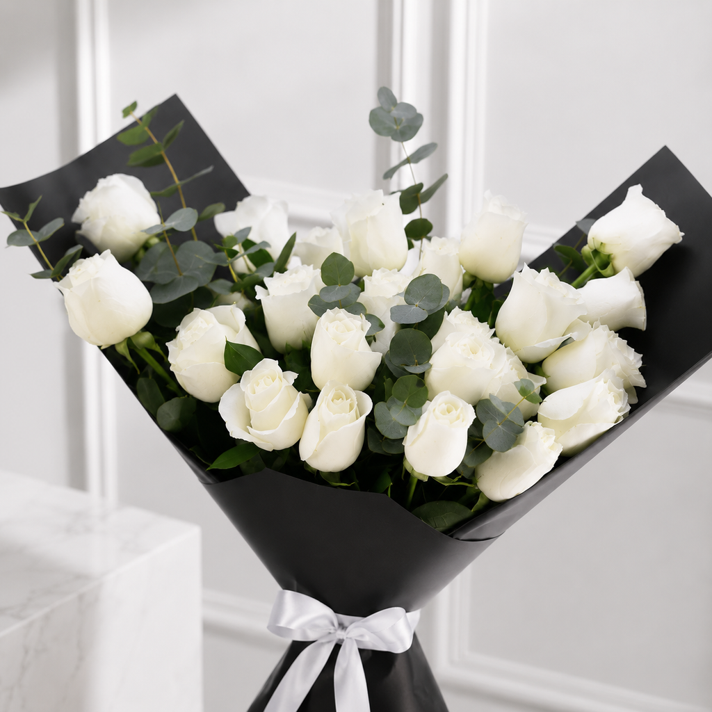 24 White Roses in Sophisticated Black Paper