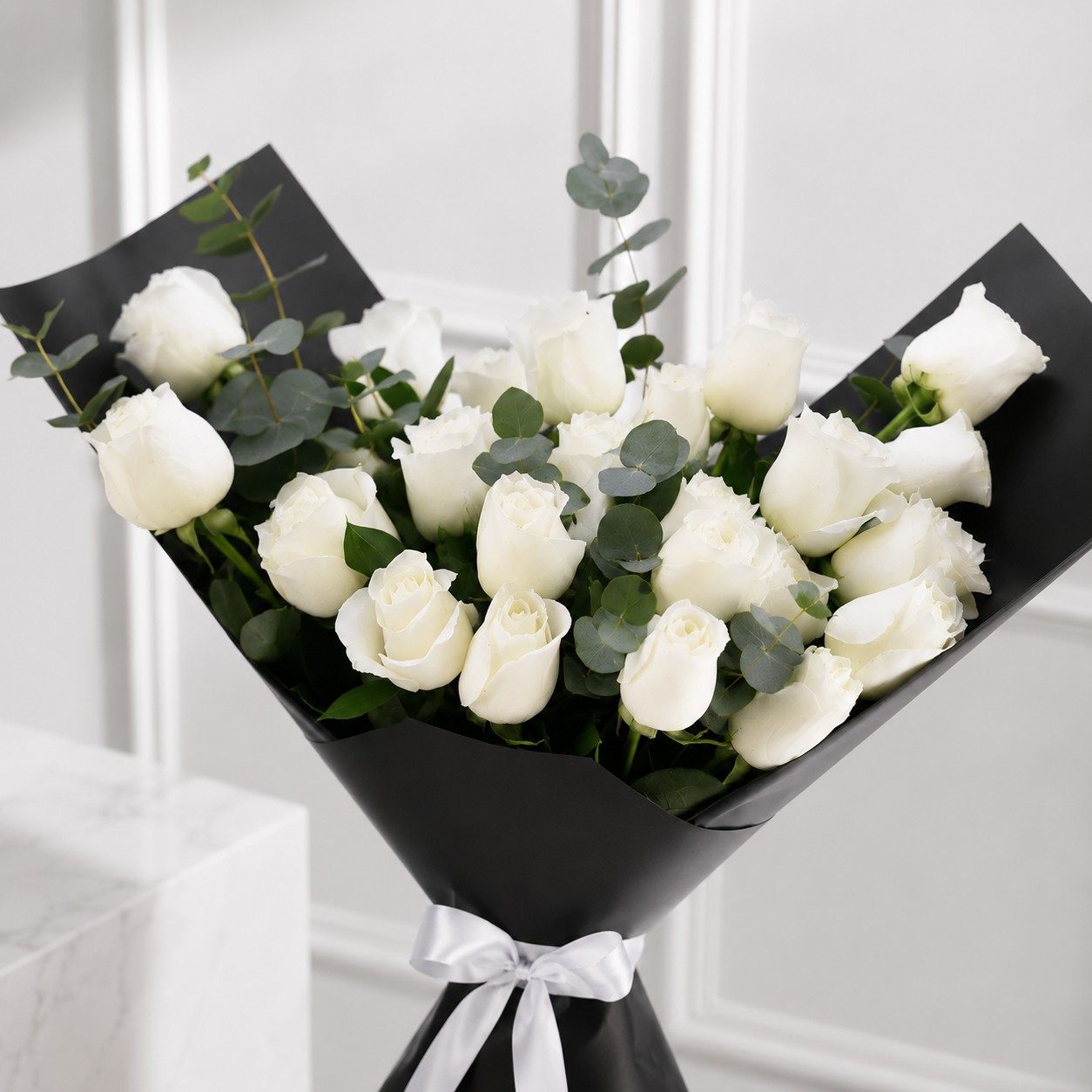 24 White Roses in Sophisticated Black Paper
