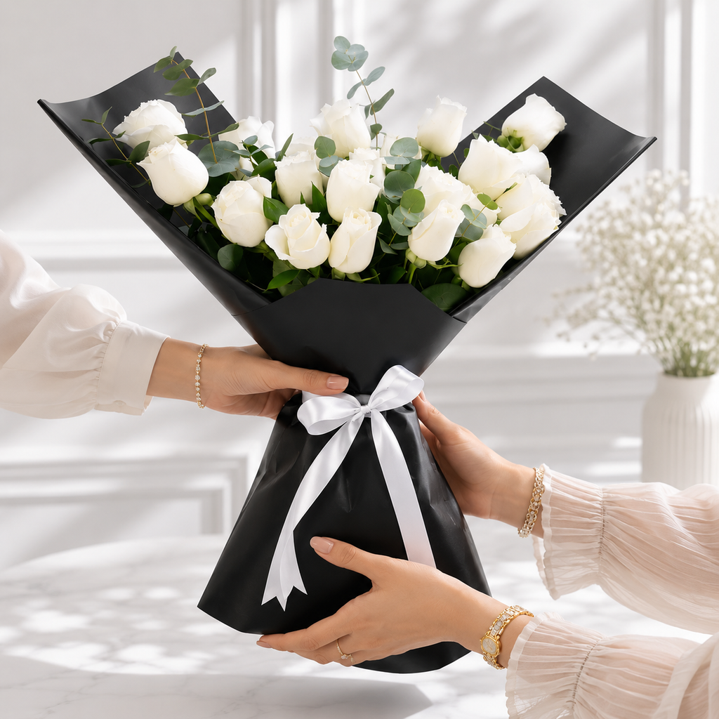 24 White Roses in Sophisticated Black Paper