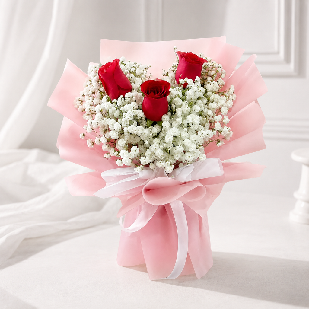 Floral Hub 3 Red Roses with Baby's Breath