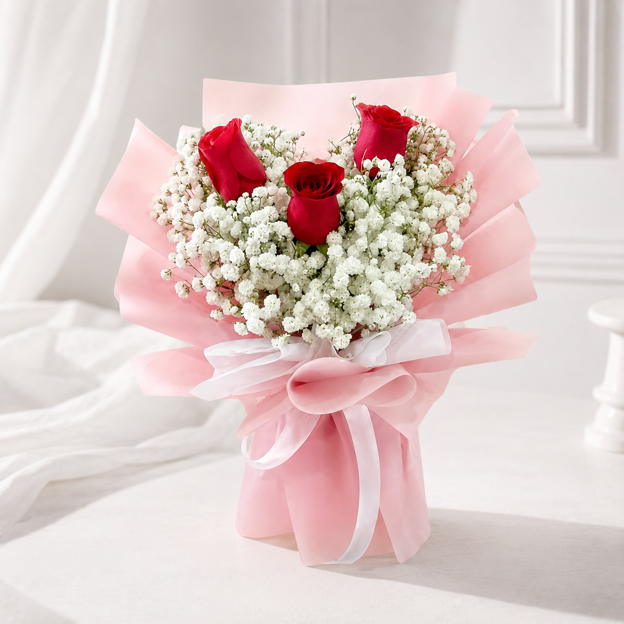 Floral Hub 3 Red Roses with Baby's Breath