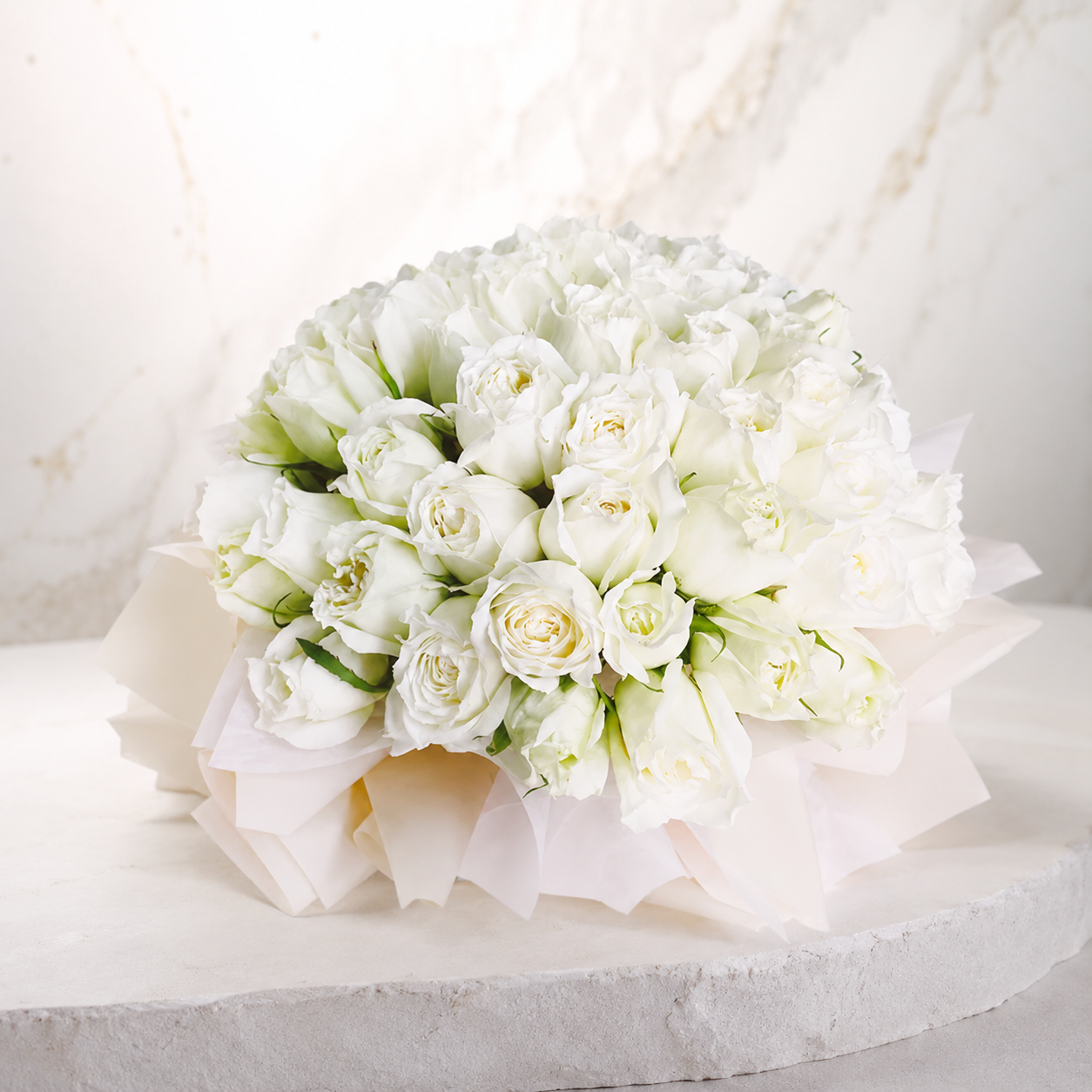 50 White Roses in Classic White Packing