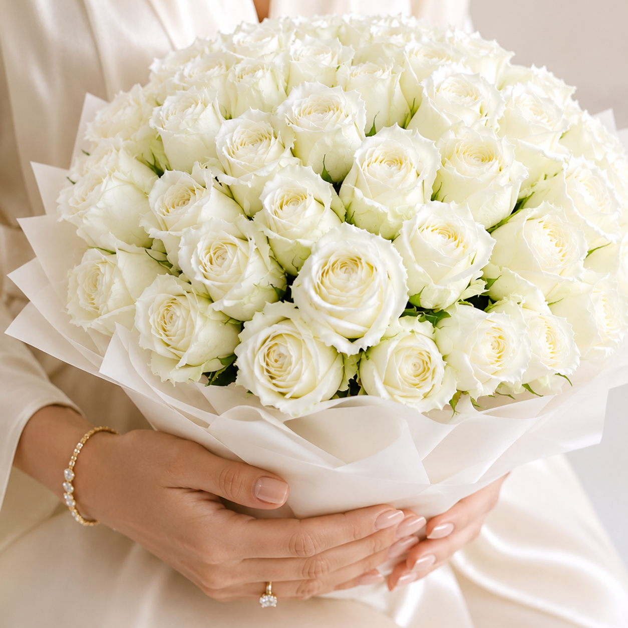 50 White Roses in Classic White Packing