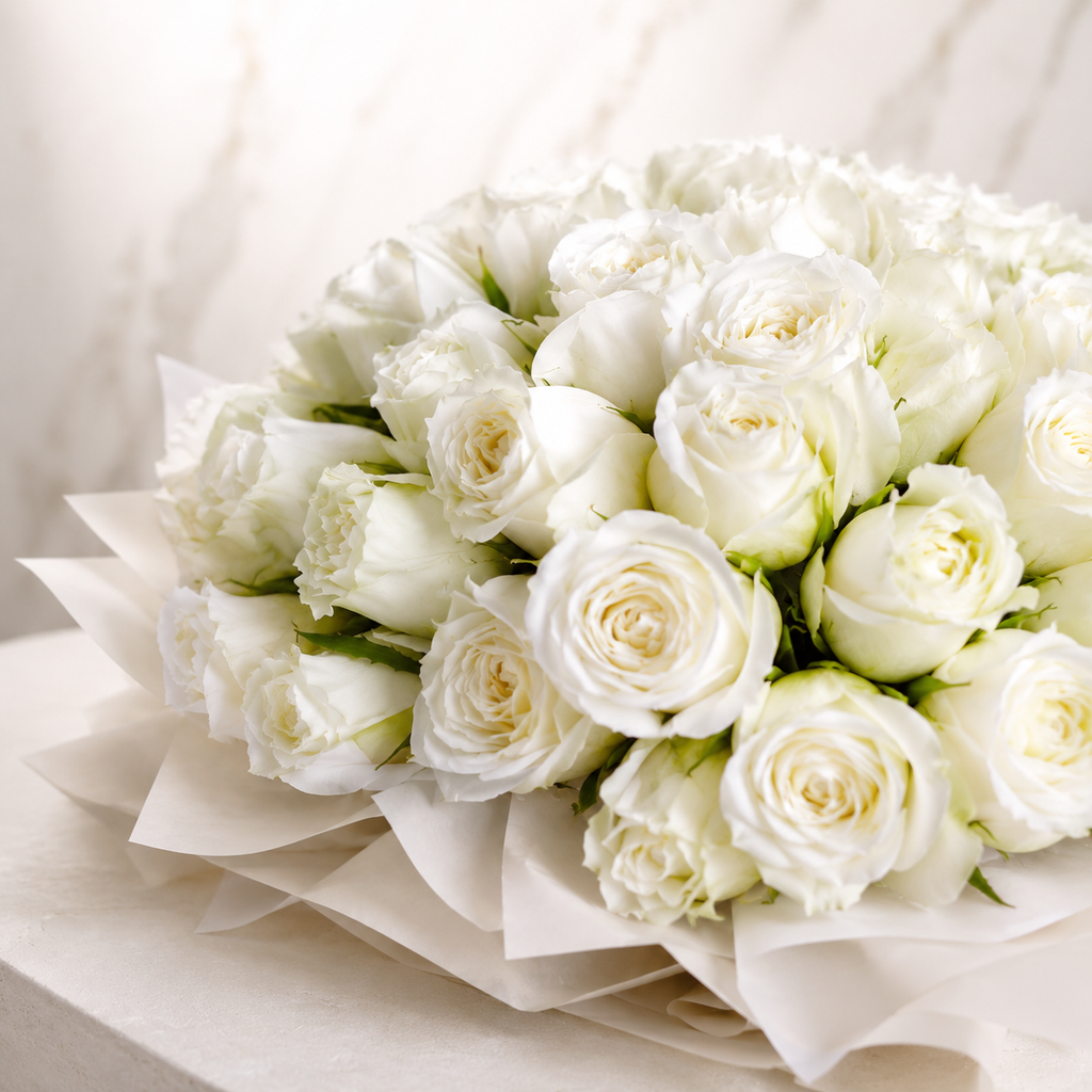 50 White Roses in Classic White Packing