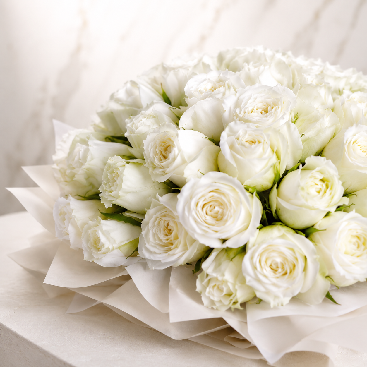 50 White Roses in Classic White Packing