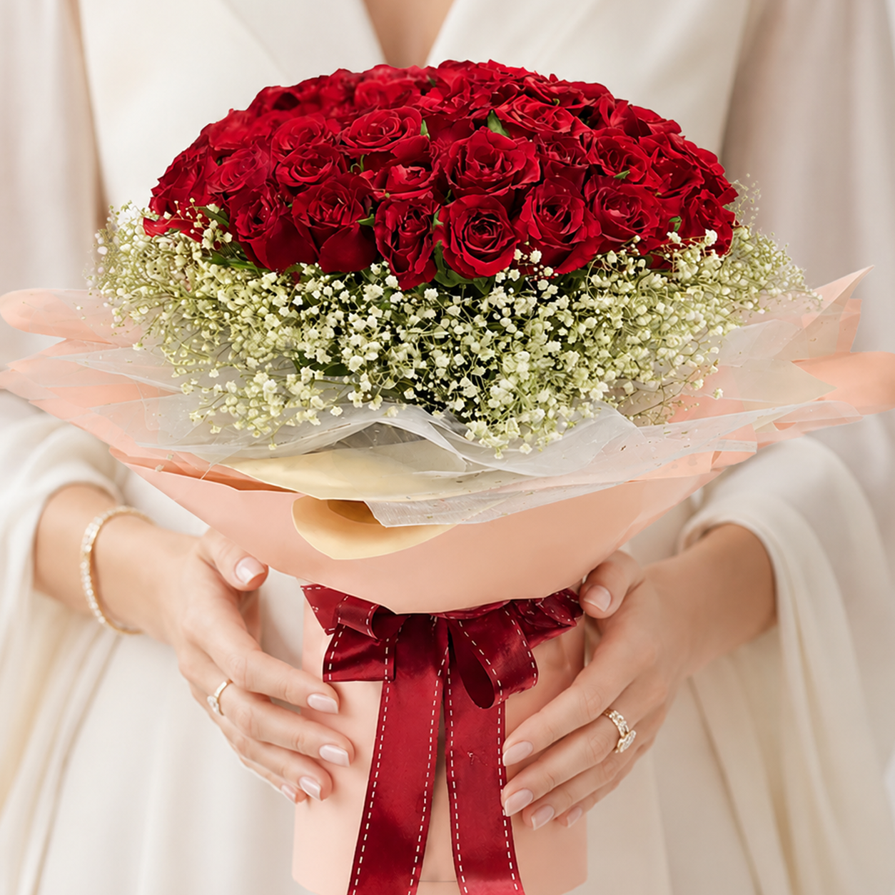 51 Red Top Secret Roses with Baby's Breath