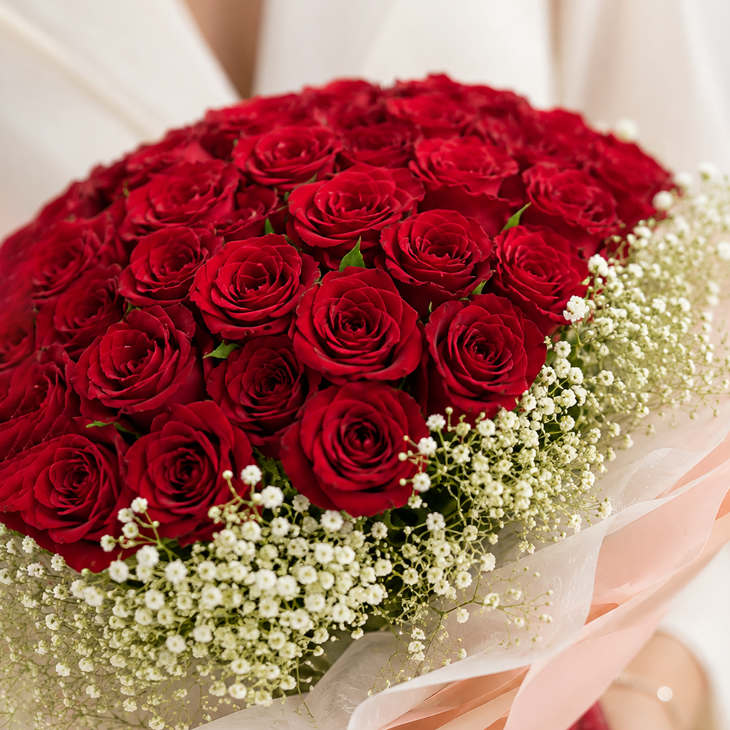51 Red Top Secret Roses with Baby's Breath