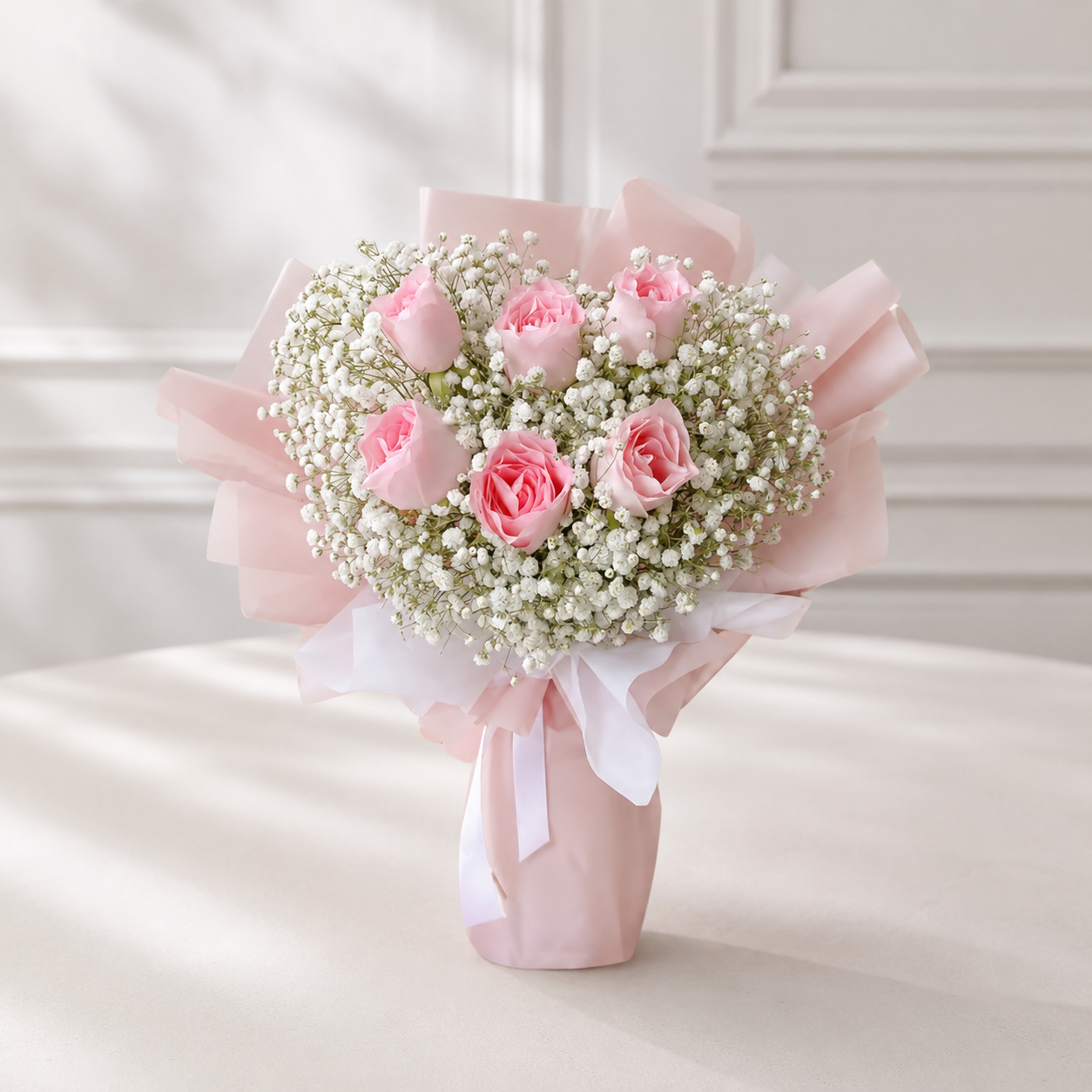 6 Baby Pink Roses with Baby's Breath
