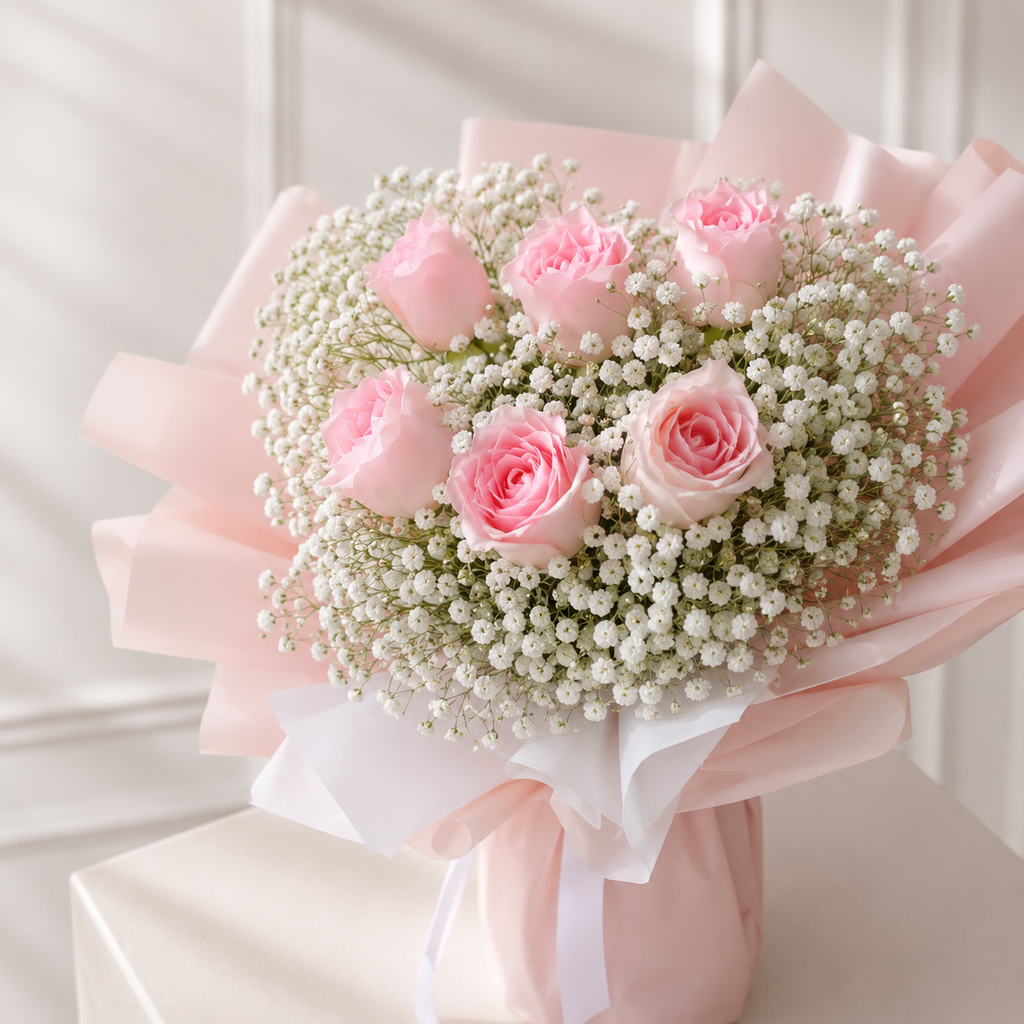 6 Baby Pink Roses with Baby's Breath