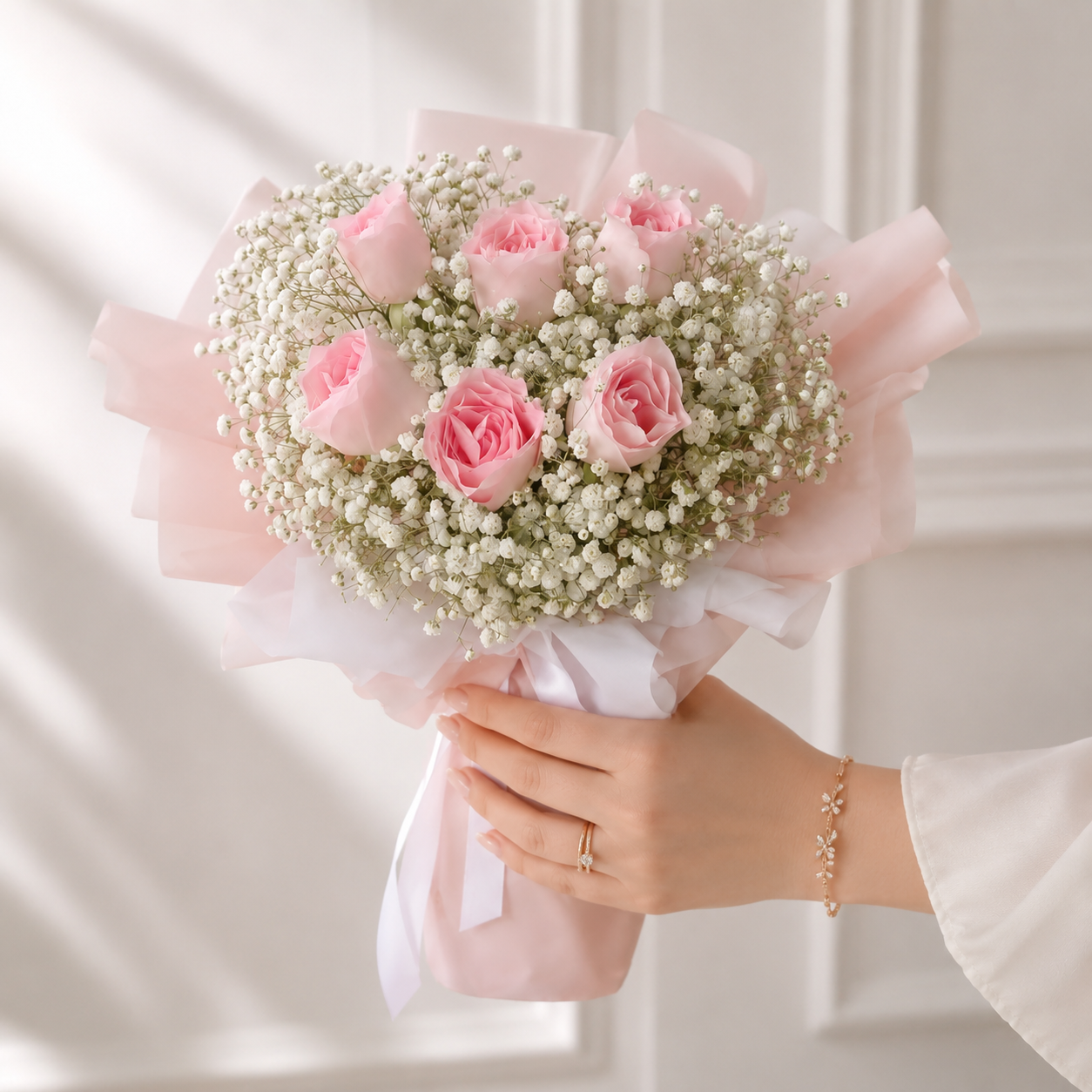 6 Baby Pink Roses with Baby's Breath