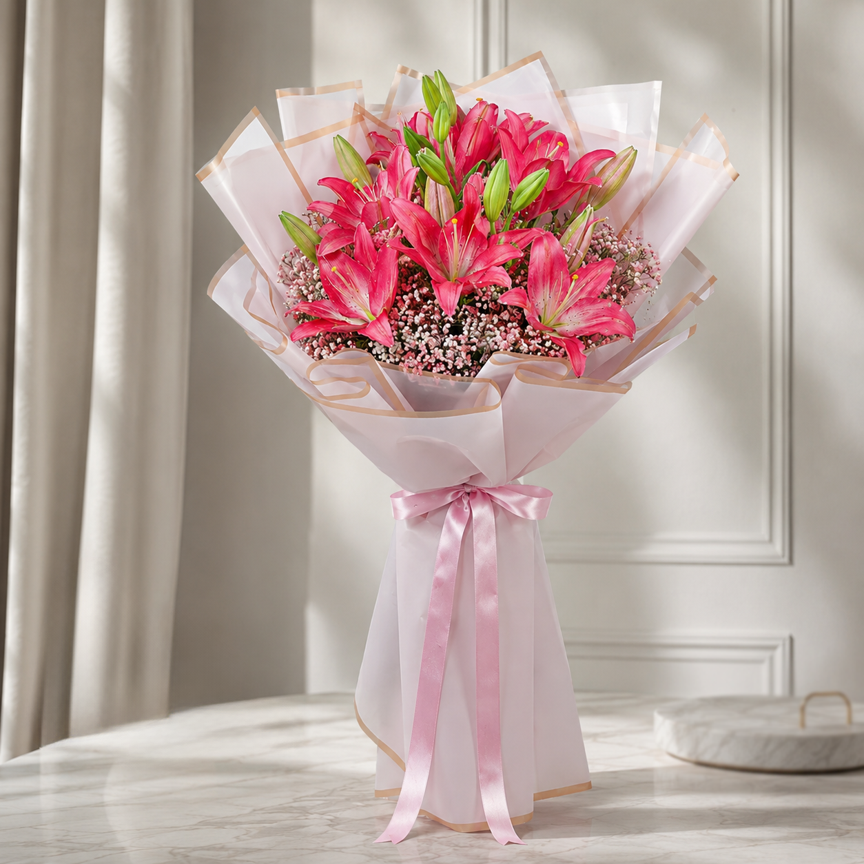Bouquet of 6 Pink Lilies with Baby’s Breath