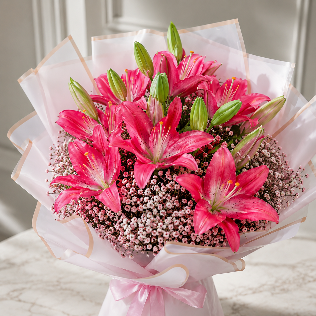 Bouquet of 6 Pink Lilies with Baby’s Breath