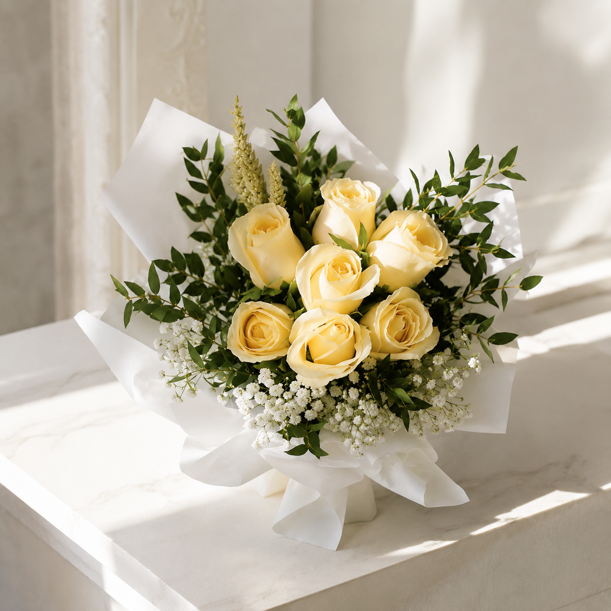 7 Peach Roses hand tie bouquet
