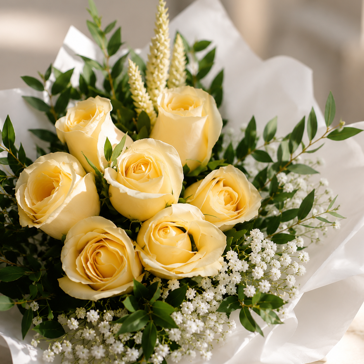 7 Peach Roses hand tie bouquet