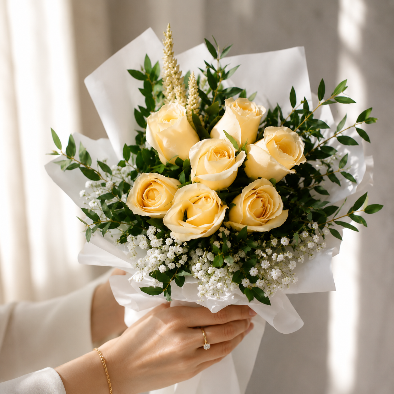 7 Peach Roses hand tie bouquet