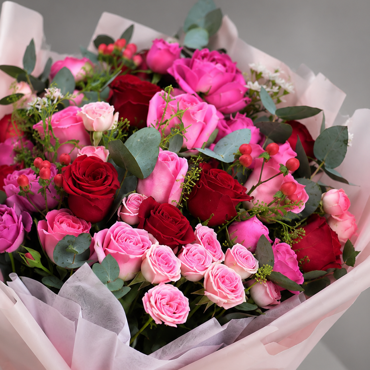 75 Roses – Red, Purple & Baby Pink